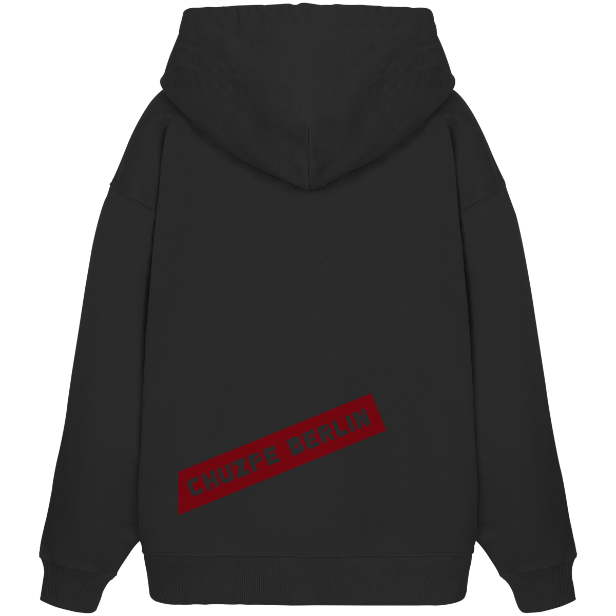 THE MARK · RED ED. Oversize Hoodie in Schwarz, Rückansicht mit Druck CHUZPE BERLIN in Blutrot