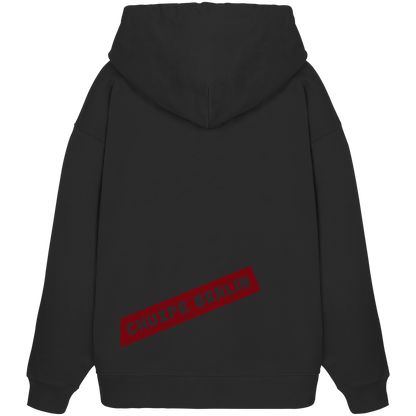 THE MARK · RED ED. Oversize Hoodie in Schwarz, Rückansicht mit Druck CHUZPE BERLIN in Blutrot