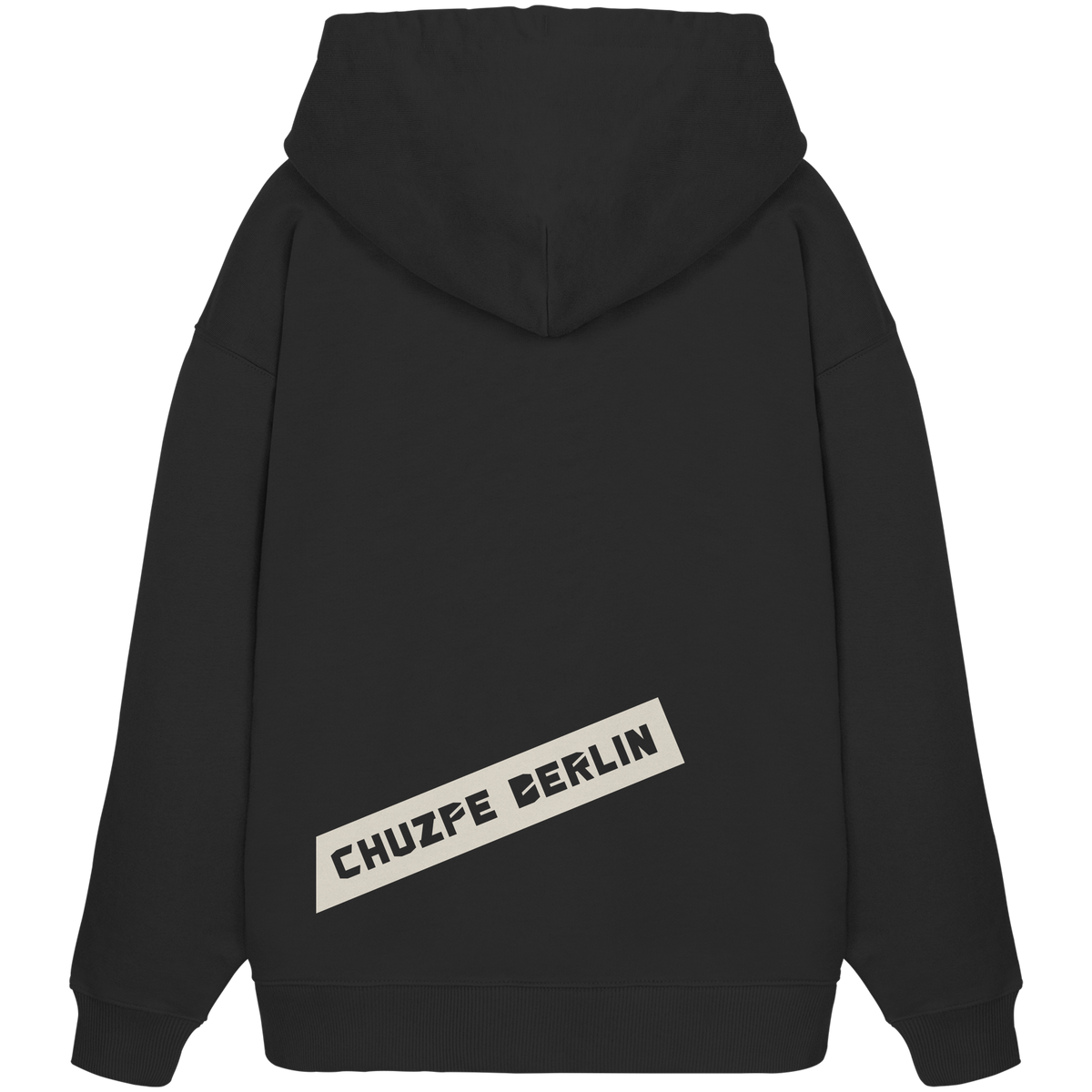 THE MARK Oversize Hoodie in Schwarz, Rückansicht mit Druck CHUZPE BERLIN