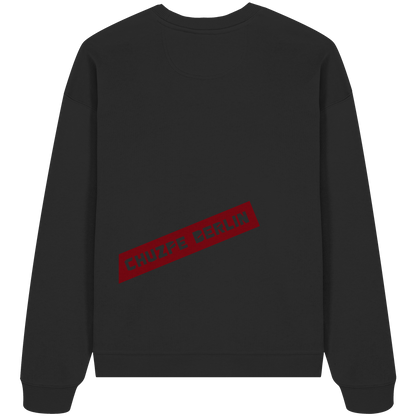 THE MARK · RED ED. Oversize Sweatshirt in Schwarz, Rückansicht mit Druck CHUZPE BERLIN in Blutrot