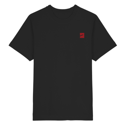 BERLIN BOUNCER · RED ED. Oversize T-Shirt in Schwarz, Vorderansicht mit Marke auf der linken Brust in Dunkelrot