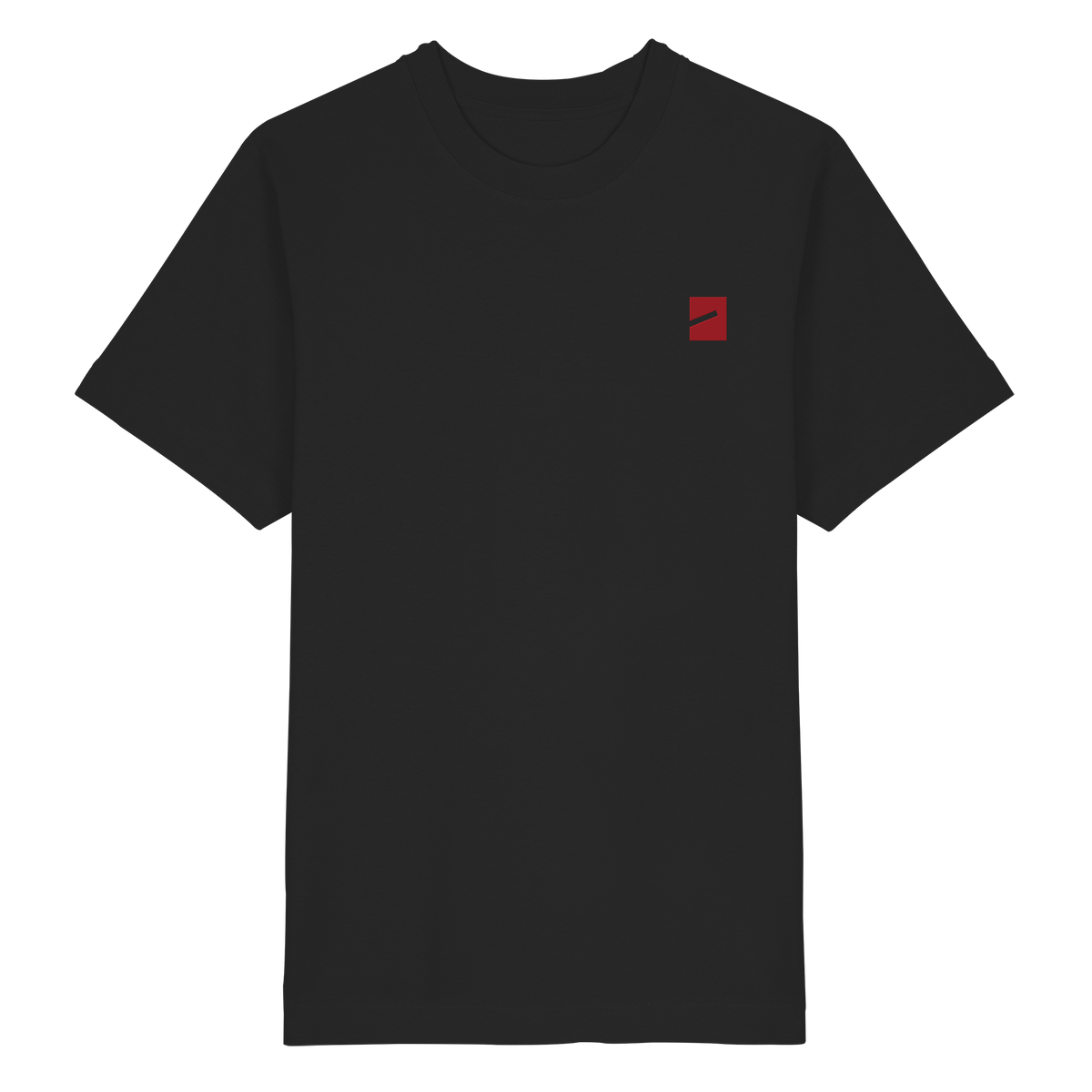 THE MARK · RED ED. Oversize T-Shirt in Schwarz, Vorderansicht mit Marke auf der linken Brust in Dunkelrot