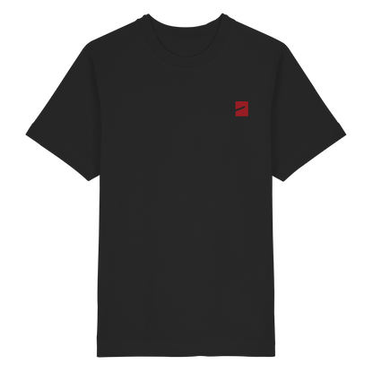 THE MARK · RED ED. Oversize T-Shirt in Schwarz, Vorderansicht mit Marke auf der linken Brust in Dunkelrot