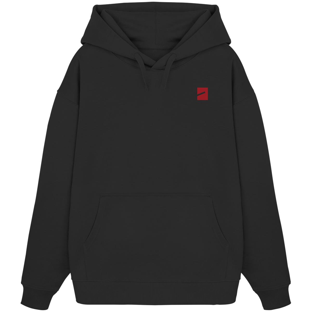 THE MARK · RED ED. Oversize Hoodie in Schwarz, Vorderansicht mit Marke auf der linken Brust in Dunkelrot