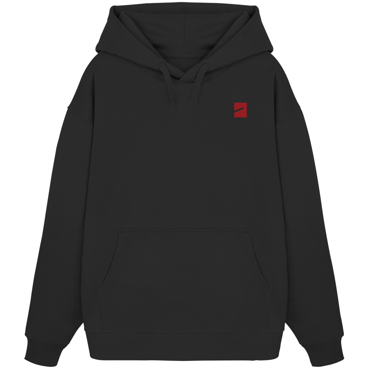 BERLIN BOUNCER · RED ED. Oversize Hoodie in Schwarz, Vorderansicht mit Marke auf der linken Brust in Dunkelrot