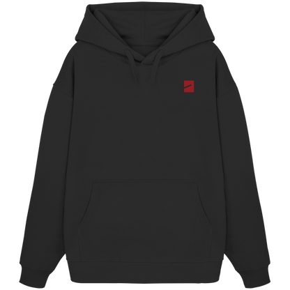 BERLIN BOUNCER · RED ED. Oversize Hoodie in Schwarz, Vorderansicht mit Marke auf der linken Brust in Dunkelrot